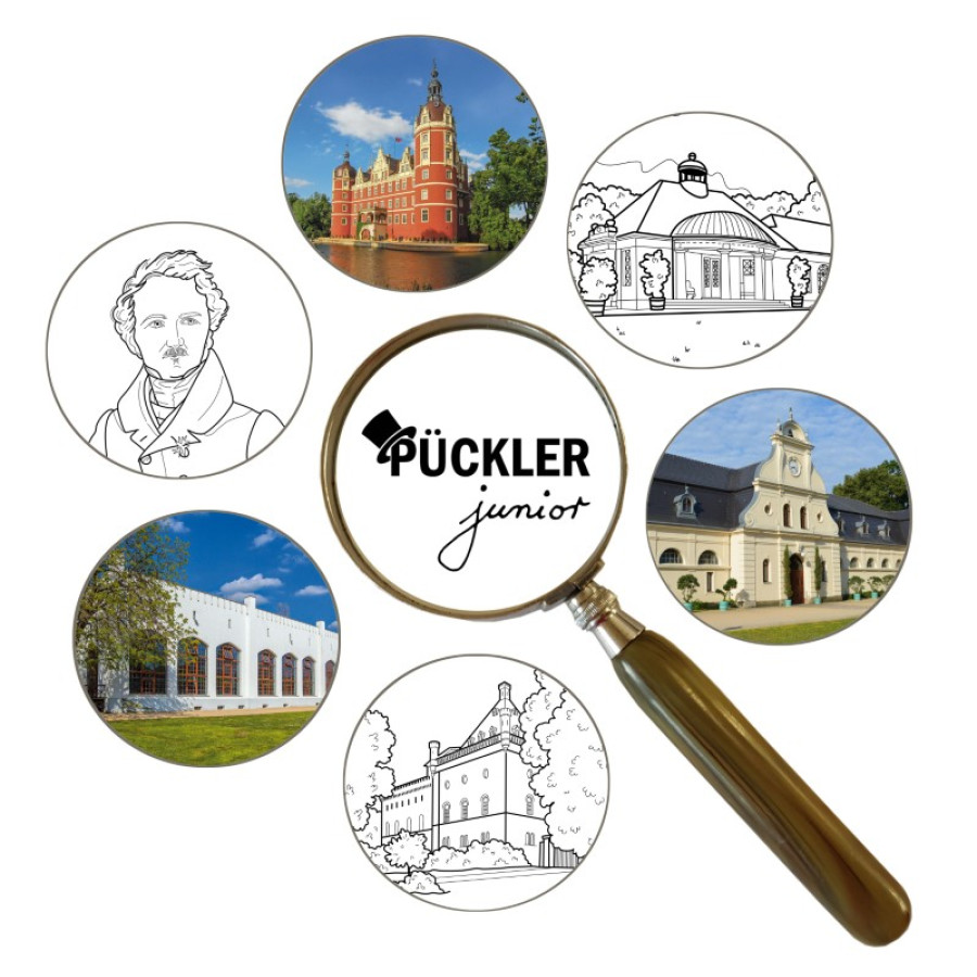 Logo P&uuml;ckler-Junior mit Fotos der Geb&auml;ude im Park