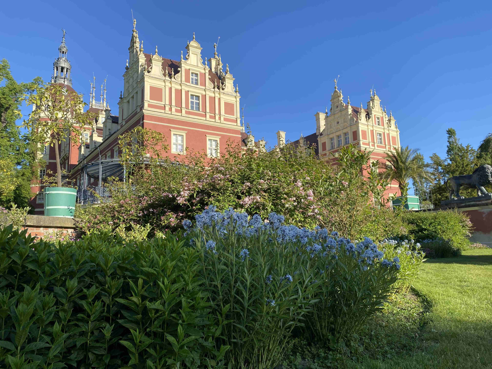 Ein Blumenbeet vor dem Neuen Schloss.